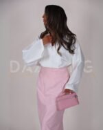 White shirt with pink skirt